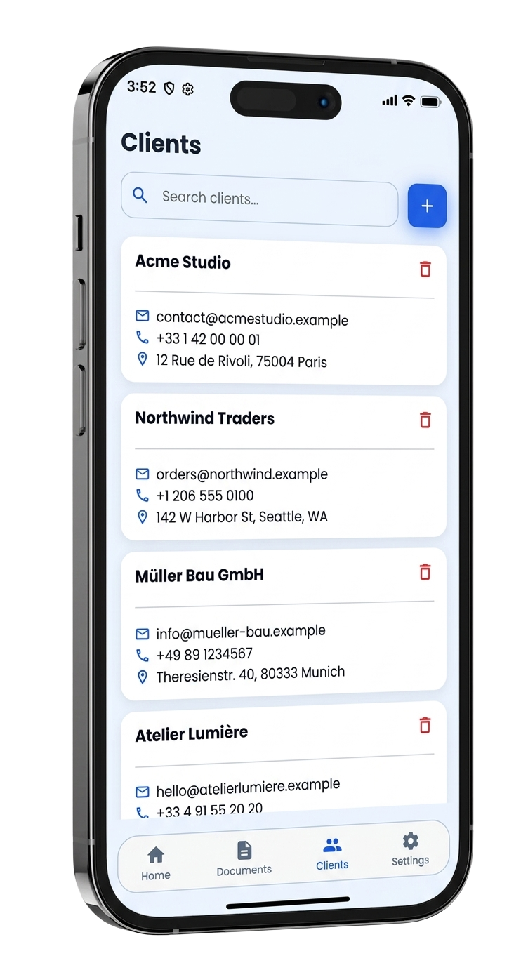 Aperçu de la gestion des clients dans l'application Devisly