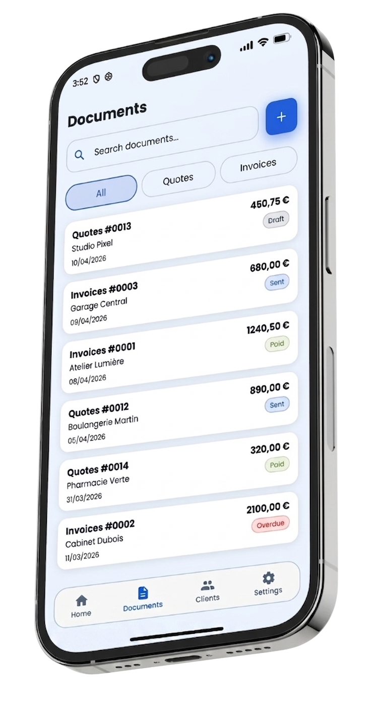 Aperçu de la liste des documents dans l'application Devisly