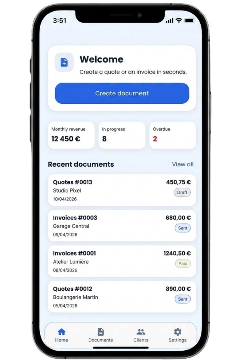 Aperçu de l'écran d'accueil de l'application Devisly